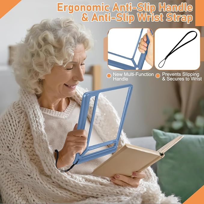 AKKYCVS 5X Full Page Magnifying Glass for Reading, Lightweight Rectangular Magnifier Provides Large Book Page Viewing Area, Handheld Magnifier for Reading Small Prints for Seniors, Low Vision-Blue