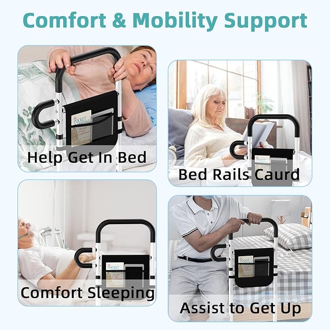 Bed Rails for Elderly Adults Safety - Adjustable Bed Assist Rails for Full Size, Portable Bed Cane for Seniors With Storage Pocket, Hold Up to 330 Lbs, Easy Setup, Bedside Safety and Stability
