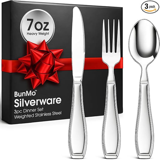 BunMo Weighted Utensils for Tremors and Parkinsons Patients - Heavy Weight Silverware Set of Knife, Fork and Spoon - Parkinsons Gifts for People with Parkinson's - Adaptive Eating Flatware (3 Pieces)