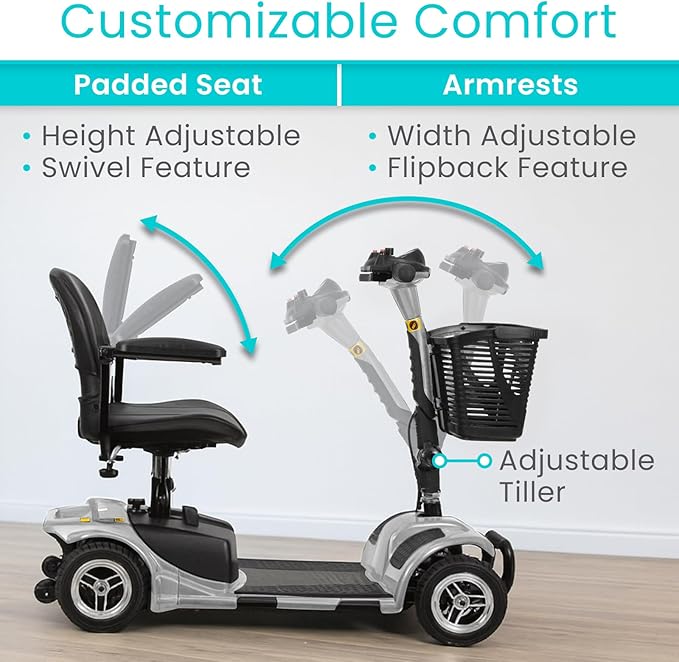 Vive 4 Wheel Mobility Scooter - Electric Powered Wheelchair Device - Compact Heavy Duty Mobile for Travel, Adults, Elderly - Long Range Power Extended Battery with Charger & Basket