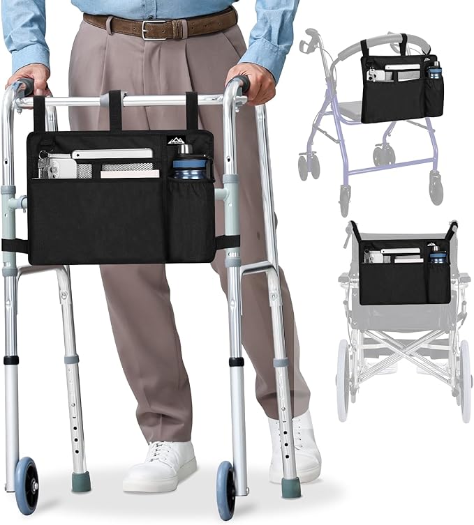 supregear Accessories Bag for Walker, Wheelchair, Rollator - Walker Basket Bag w/Cup Holder - Seniors Caddy Attachment Pouch for Walkers, Water Resistant Large Capacity Carry Storage Carrier Tote