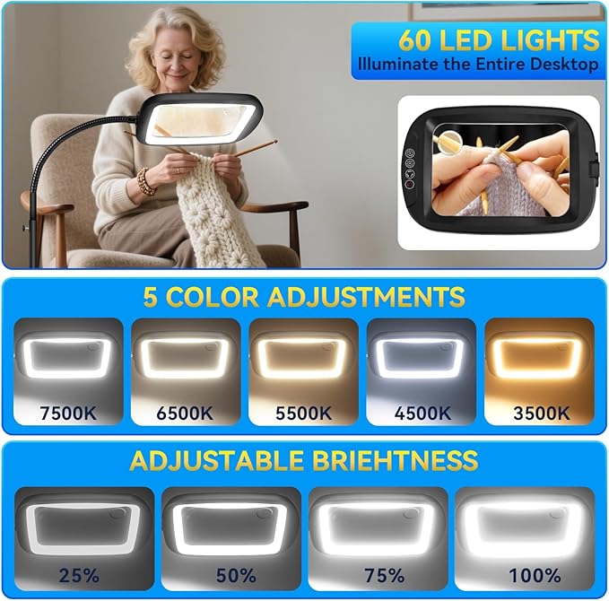 30X 10X Extra Large Floor Magnifying Glass with Light and Stand | 60 LED Flexible Gooseneck Floor Magnifying Lamp with 5 Color Modes, 2-in-1 Lighted Magnifiers for Close Work, Sewing,Crafts