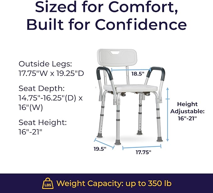 Drive Medical Shower Chair with Back & Padded Arms - Adjustable Height Bath Seat for Safety & Comfort - Lightweight Aluminum Construction- 350 Lb Capacity - White