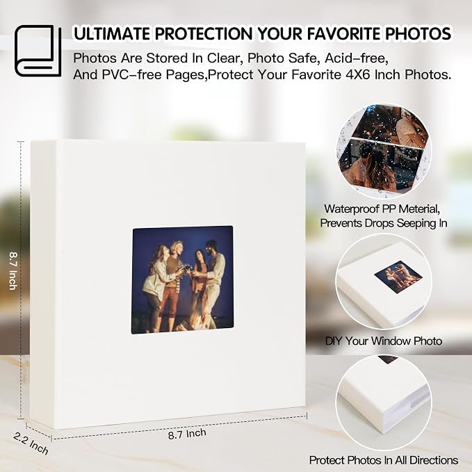 4x6 Photo Album Holds 240 Photos with Writing Space, Leather Cover Picture Book with Front Window for Family Wedding Baby Travel & Graduation Memories, White
