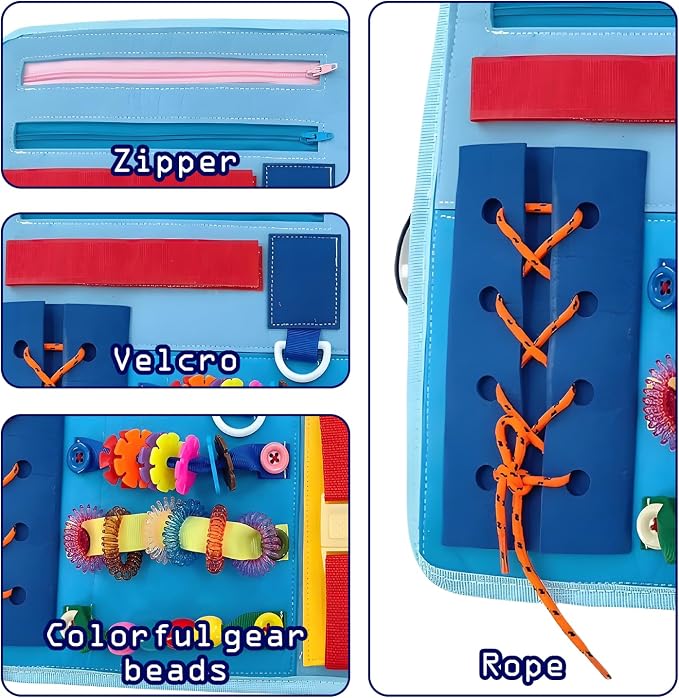 Fidget Blanket for Elderly with Dementia & Alzheimer's, Sensory Activity Mat with Fine Motor Skill Items, Calming Therapeutic Blanket for Seniors, Anxiety, Autism, Machine Washable & Portable (Blue)