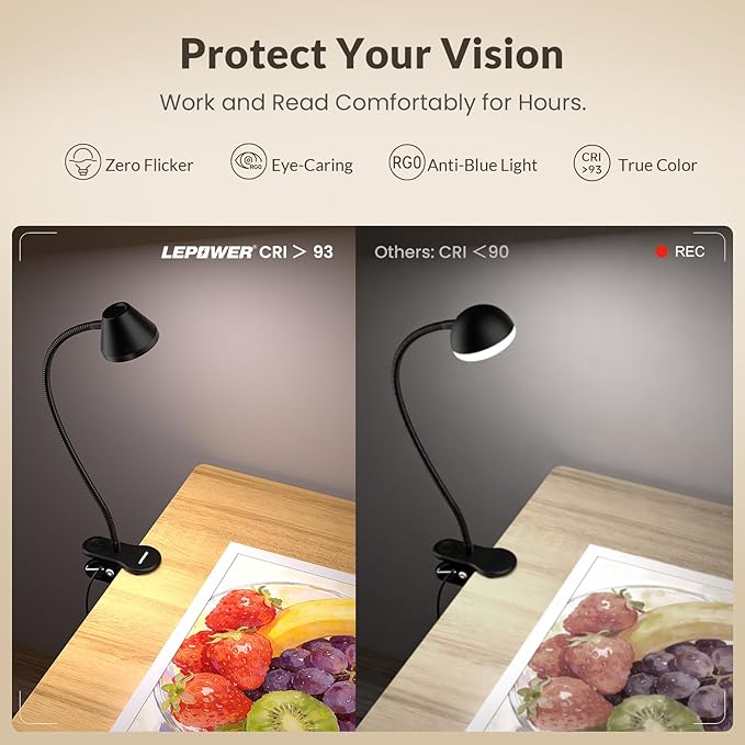 LEPOWER Clip on Light, Reading Lights for Books in Bed with 5 Colors & Stepless Dimming, RG0 Eye-Care, Auto Timer & Night Light, Strong Clamp for Headboard, Bedside, Desk, Black