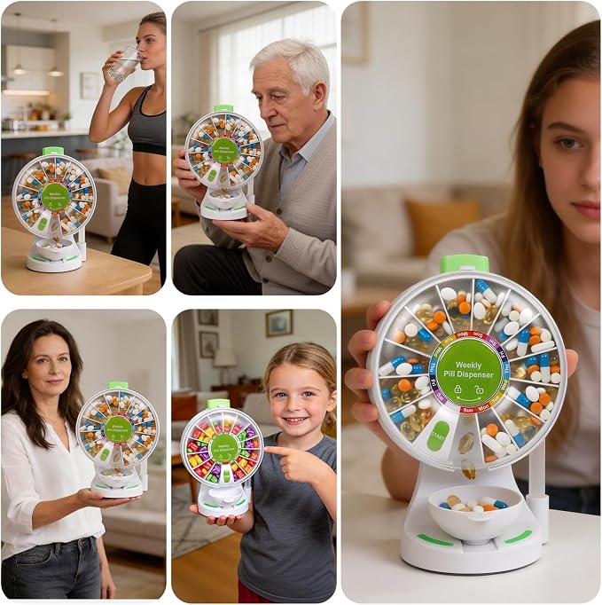 EziMedPil Pill Dispenser with One-Press Button & Braille Symbol for Seniors | No-Flip Design Wall-Mounted or Free-Standing with Med Cup & Tweezers for Medicine Hygienic, 14-Day Organizer for Vitamins