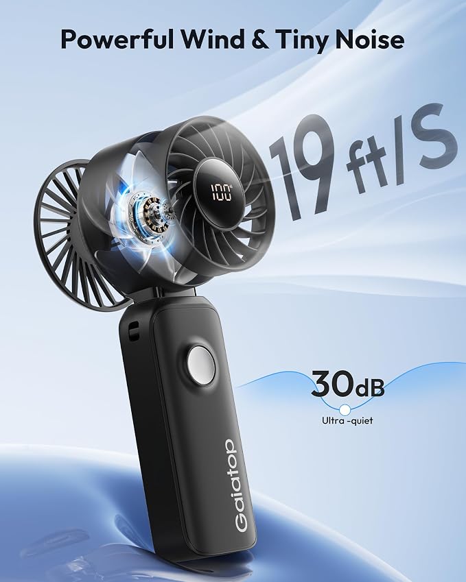 Gaiatop Portable Handheld Fan, 5 Speed Rechargeable Battery Max 18 Working Hours, 3 IN 1 Neck/Desk/Hand Fan Cooling for Travel, Beach, Women/Men Outdoor Activities Gifts - Black