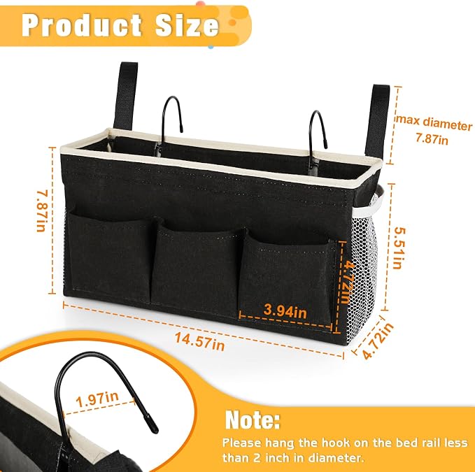 Lilithye Bedside Caddy, Bedside Storage Bag Hanging Organizer for Bunk Bed | Bed Caddy with Fixed Straps and Water Bottle Holder for Home, College Dorm, Bunk Bed, Hospital Bed and Crib Bed Rails