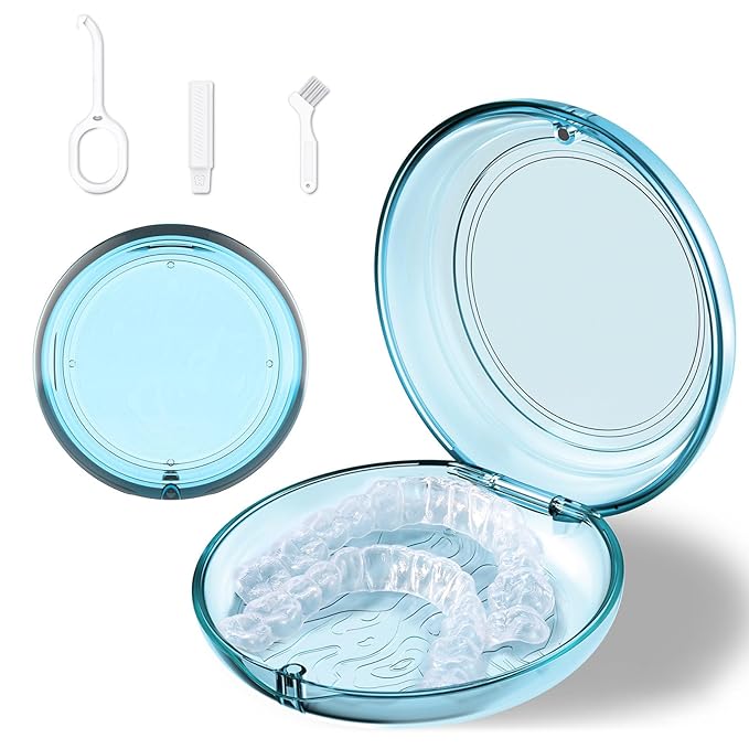 Retainer Case, Cute Retainer Case with Magnetic Closure Hinged Lid for Invisalign, Braces, Night Guard and Mouth Guard Case Holder Container, with Aligner Remover Tool, Chewies & Brush (Blue)