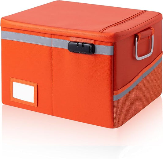 Fireproof Waterproof Document Box with Lock Collapsible Portable File Organizer Hard Shell Storage for Hanging Letter Legal Folders Home Office Safe Orange 15.7x11.2x10.2in