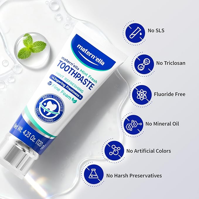 matern'ella Toothpaste for Sensitive Gums, Fluoride & SLS Free, Removing Stains Hydrated Silica, with Probiotics & Xylitol Mint Fresh 4.23 oz Pack of 3