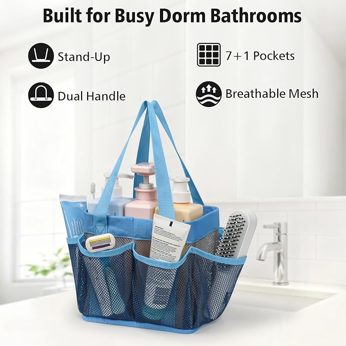 F-color Mesh Shower Caddy Portable - Stand Up 8 Pockets for Dorm, Blue | Stand Up Frame, S Hook, Collapsible Organizer, Mesh Shower Bag Bathroom Tote for College Dorm, Camping, Gym, Travel