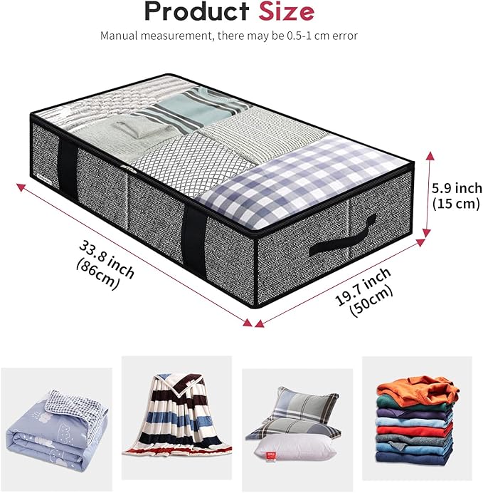 Onlyeasy Underbed Fabric Storage Bags Organizer with 4 Handles, 2 Zippers and Large Clear Window, for Clothes, Blankets, Bedding, Foldable with Sturdy Structure, 2 Pack, Linen-like Black, MXAUBBSS2P