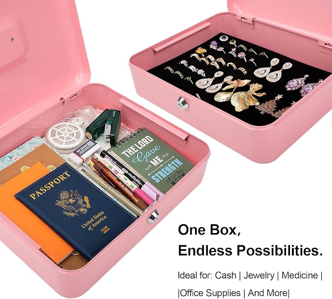 Jssmst Large Cash Box with Key Lock - Durable Metal Cash Box with Money Tray, 11.81 x 9.84 x 3.46 inches (X-Large, Pink)