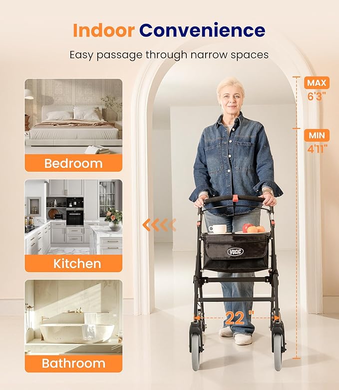 VOCIC Z32 Narrow Walkers for Small Spaces, 8" Quiet Anti-Slip Tires, Tray | Foldable & Lightweight Indoor Rollator Navigates Small Spaces, Easily Passes Tight Doors, Tray&Pouch for Home, Black