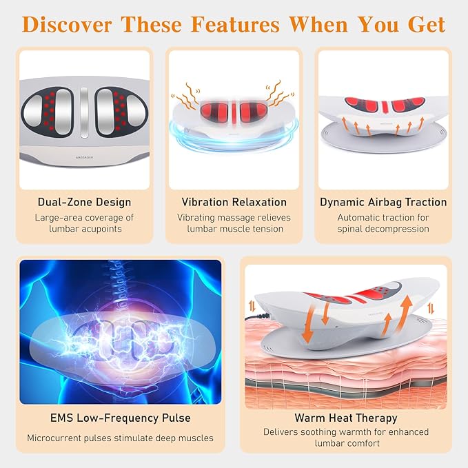 Multifunctional Electric Lumbar Traction Device for Lower Back Pain Relief, Back Traction Device with 3 Massage Modes Dynamic Traction, High-Temp Thermotherapy, Multi-Timer Options & Manual Adjustment