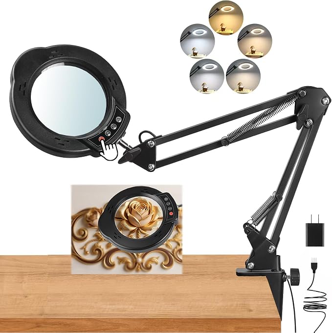 12X Magnifying Glass with Light and Stand, Upgrade Real Glass Magnifying lamp, 5 Color Modes Stepless Dimmable, 84LEDs Desk Lamp, Hands Free for Close Work,Soldering, Reading Crafts, Painting, Sewing