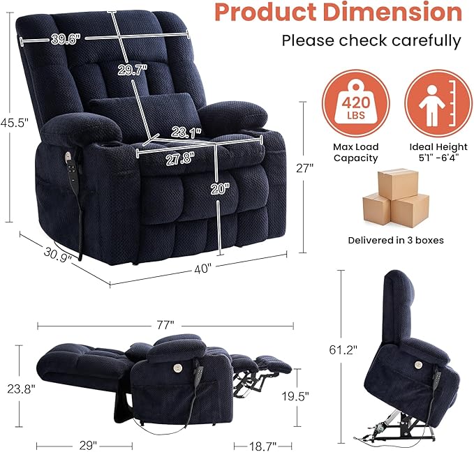 Dual Motor Power Lift Recliner Chair for Elderly, Infinite Position Lift Chair for Elderly W/Massage & Heat, Lay Flat Lift Recliner With Cup Holders, One-Touch Reset, Lumbar Pillow, Fabric (Navy)