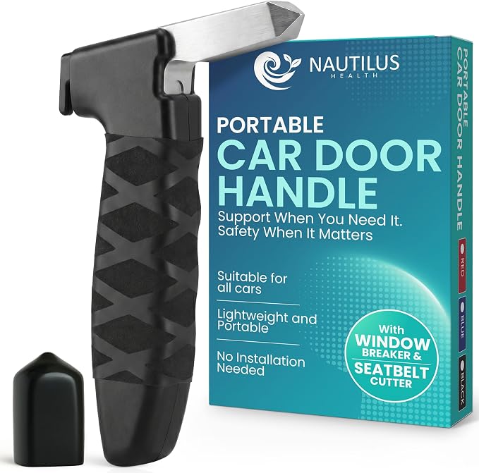 Car Door Handle for Elderly - Car Cane Mobility Aid Tool, Steel Hook, Supports Up to 300 lbs, 3 in 1 Car Door Latch Bar for Seniors & Handicapped, Easy Tool-Free Use, Pack of 1 - (Black)