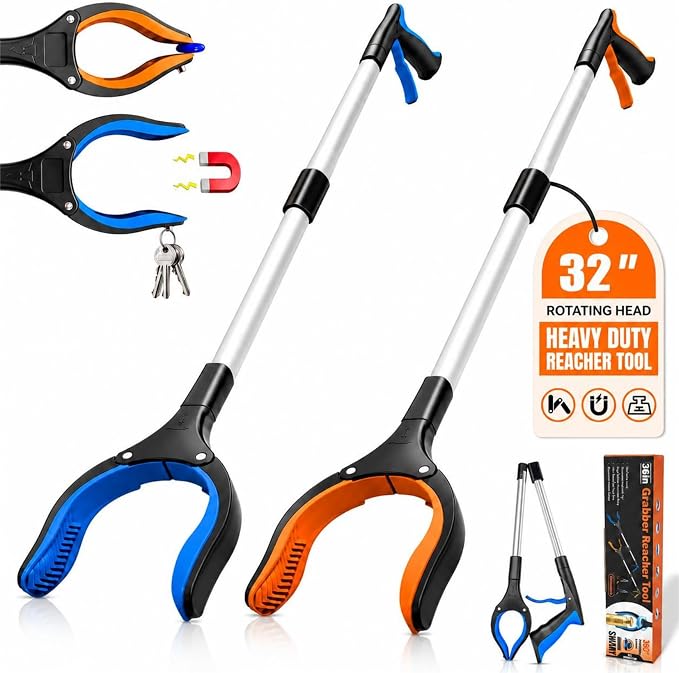 2 Pack 32" Grabber Reacher Tool, LEGENDONE Foldable Reacher Grabbers Pickup Tool for Senior, Heavy Duty Upper Gripper, 4" Wide Claw Trash Picker, Strong Grip| Powerful Magnet| 360° Rotating Head