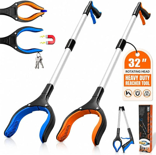 2 Pack 32" Grabber Reacher Tool, LEGENDONE Foldable Reacher Grabbers Pickup Tool for Senior, Heavy Duty Upper Gripper, 4" Wide Claw Trash Picker, Strong Grip| Powerful Magnet| 360° Rotating Head