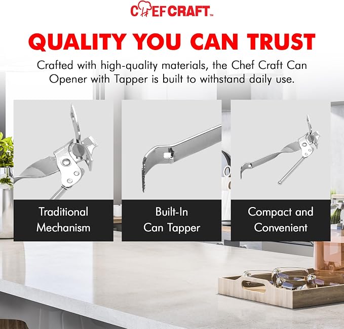 Chef Craft Select Can Opener with Tapper, 6.5 inches in length, Nickle Plated