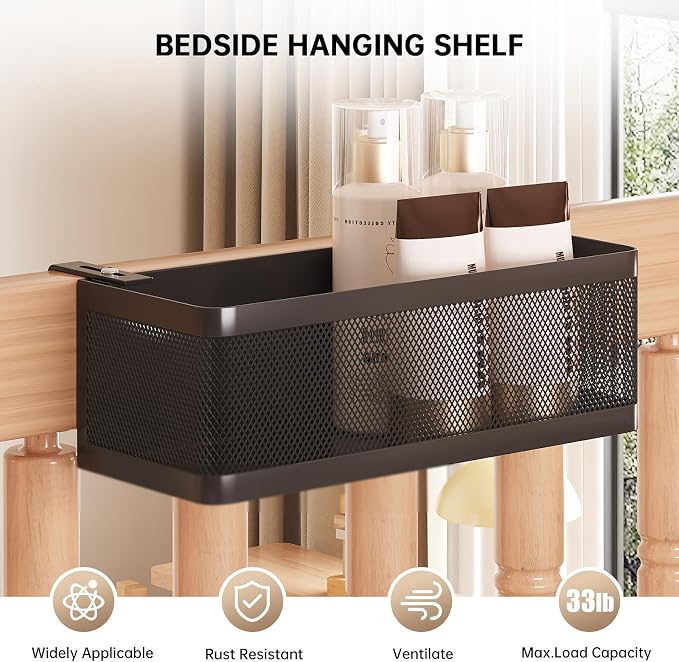 Bedside Caddy Shelf for Bunk Bed, Black, L11in*W4.9in*H3.93in | For Bunk Bed, Office Cubicle Walls, Crib Rails, Dorm Bed College Dorm Room Essentials, Large Capacity, Easy Install