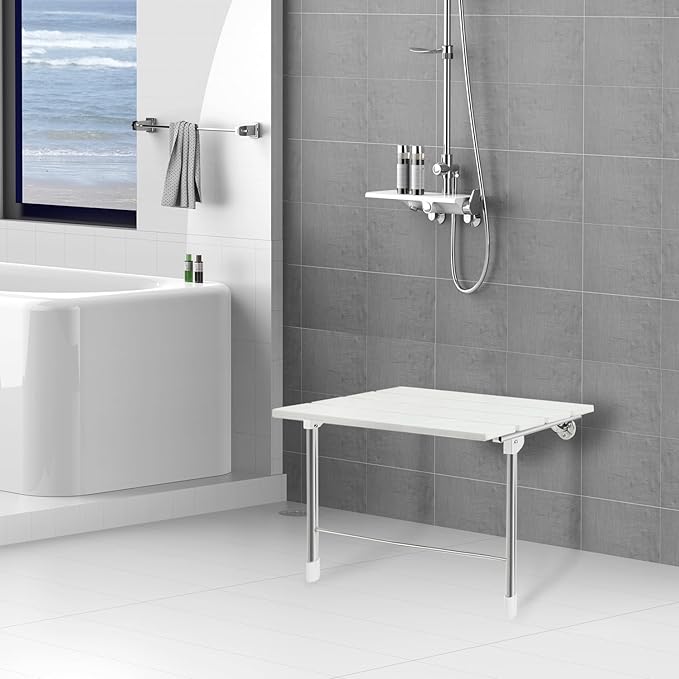Folding Wall Mounted Shower Seat - Fold Down & Up, Handicap Bench for Elderly