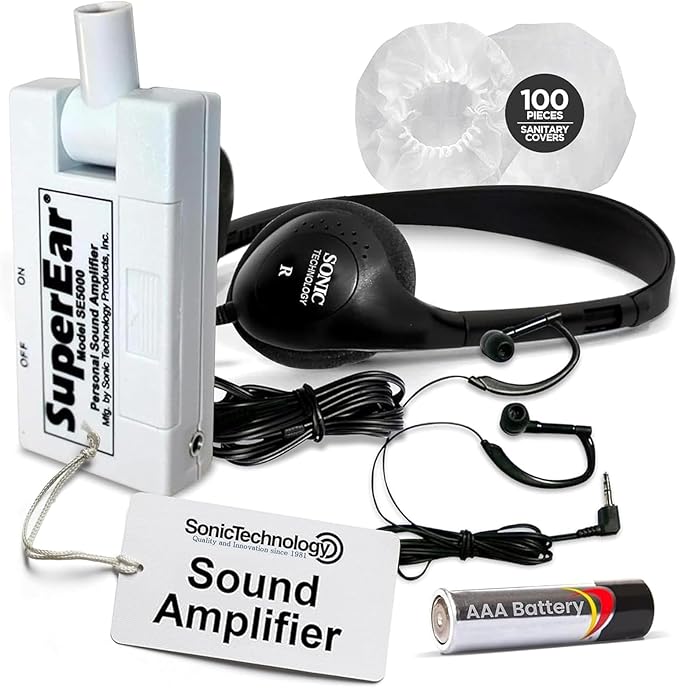 SuperEar Bundle: Personal Sound Amplifier Model SE5000 (PSAP) Pocket-Size Audio Amplifier with Headphones and Earbuds for Listening Assist & 50 Pair, 2.5" Disposable Sanitary Ear Covers for Hygiene