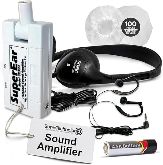 SuperEar Bundle: Personal Sound Amplifier Model SE5000 (PSAP) Pocket-Size Audio Amplifier with Headphones and Earbuds for Listening Assist & 50 Pair, 2.5" Disposable Sanitary Ear Covers for Hygiene
