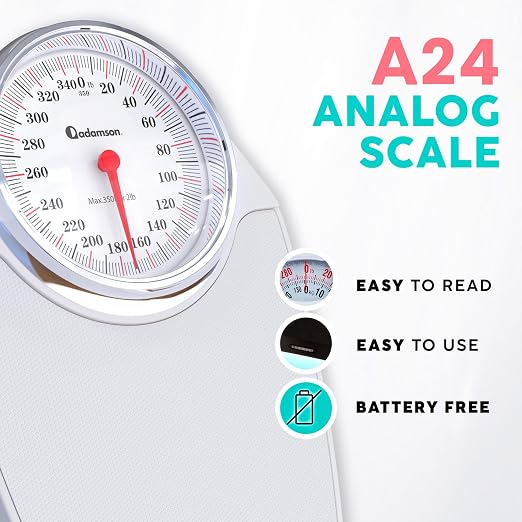 Adamson A24 Scales for Body Weight - Up to 350 LB - New - Anti-Skid Rubber Surface Extra Large Numbers - High Precision Bathroom Scale Analog - Durable with 20-Year Assurance - White
