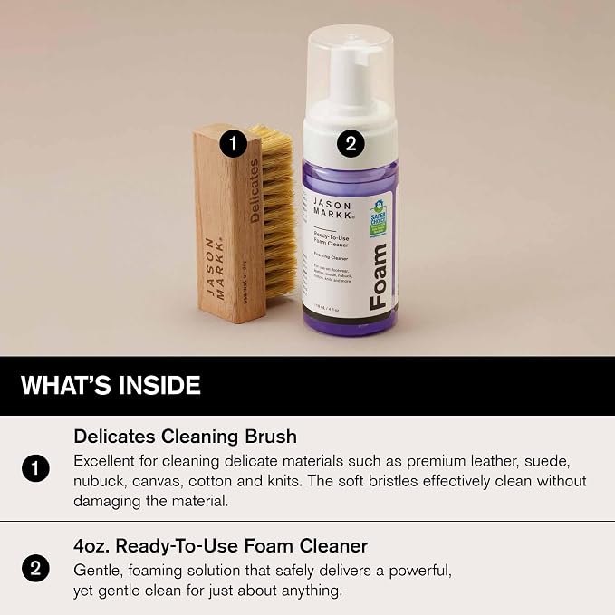 Jason Markk Quick Clean Kit, Shoe Cleaner, 2-Piece Set, Ready-To-Use Foam & Delicates Brush, Sneaker Care, Ideal for Footwear, Safe for Leather, Suede, Nubuck, Cotton, Knits, 4oz