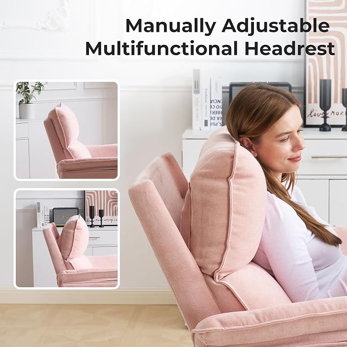 Oversized Recliner Chair, 24" Extra Wide 360° Swivel Rocker Recliner with Adjustable Headrest, Chenille Glider Rocking Nursery Chair with Overstuffed Armrest, Lumbar Support, Pink