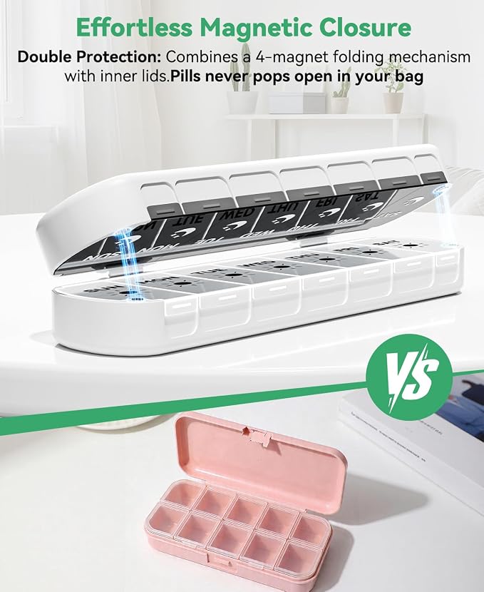 Weekly Pill Organizer 2 Times a Day, Moisture-Proof 7 Day Pill Box AM PM, Foldable Travel Medicine Organizer with Magnetic Closure for Vitamins, Supplements and Fish Oils (White)
