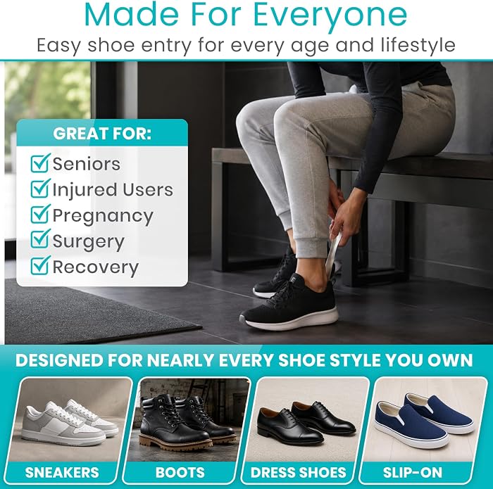 Vive Metal Shoe Horn For Seniors, Men, Women - Stainless Steel ShoeHorn | With Wide Handle - Metal Spoon Lazy Shoe Helper for Boots, Dress Shoes, Casual Sneakers - Portable, Extended Reach Helper
