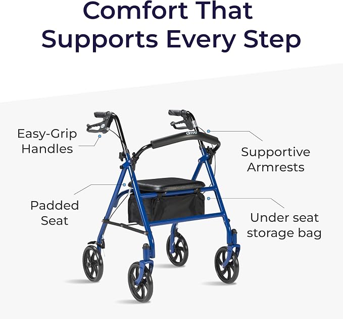 Drive Medical Rollator Walker with Seat, 7.5 Inch Wheels, Blue | Rollator Walker Offers Stable, Height Adjustable Mobility Support with Durable Steel Frame and Wheels