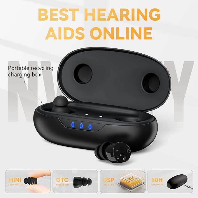 Supermini Hearing Aids for Seniors with Digital Chips, 80H Wireless Charging Case OTC Rechargeable Hearing Amplifiers Invisible with 16-Channel Sound Processing 3 Levels Volume (Black)