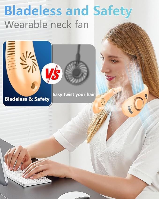 Misting Neck Fan Rechargeable,Battery Powered Folding Fan 5 Speeds,Portable Cooling Neck Fans that Blow Cold Air,Hands Free Fold Up No Blade Personal Fans for Your Neck Summer Best Gifts Apricot