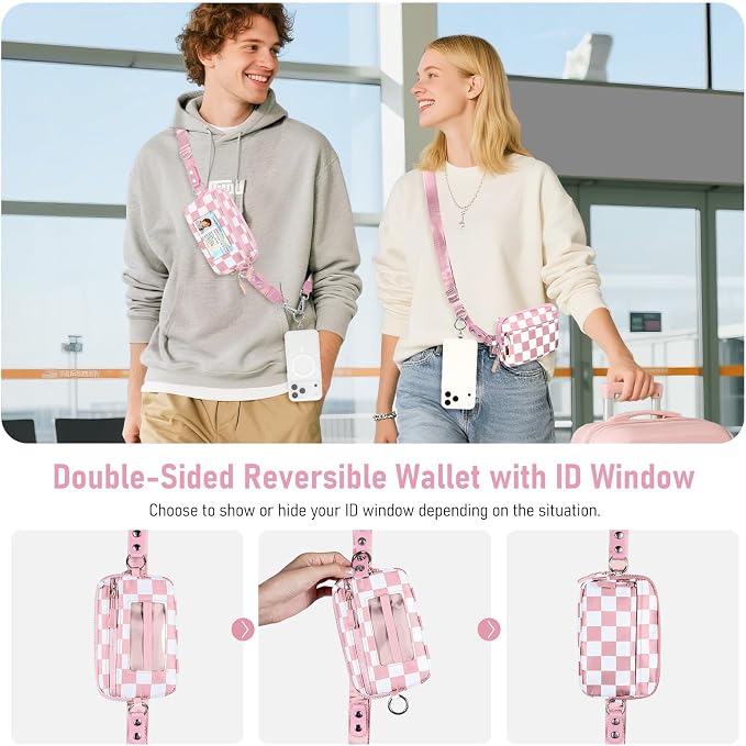 Tiostep Clip and Go Strap for Phone with Wallet Crossbody Phone Lanyard Adjustable and Detachable RFID Wristlet Wallet (Dusty Pink Checkered, Large)