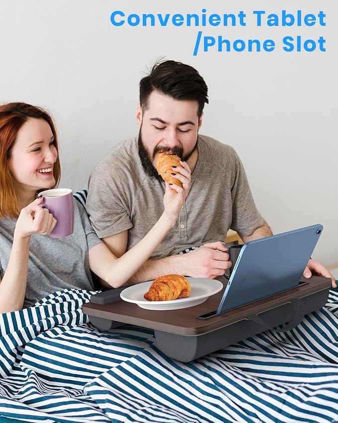 HETTHI Portable Lap Desk, Laptop Stand for Bed with Soft Wrist Rest, Tablet/Phone Slot, Fabric Handle, Laptop Bed Table with Cushion (Dark Brown)