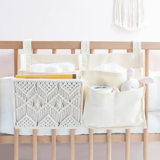 Mkono Bedside Caddy, Macrame Bunk Bed Hanging Organizer, 7 Pockets Ivory | Dorm Room Essentials, Boho Storage Bag, Remote Books Magazines Phone Snacks Drinks Holder, Bedroom Nursery Loft Baby Bed Rail
