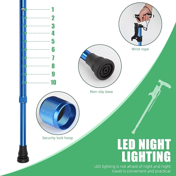 Hold 440 Lbs Walking Cane for Men & Women Aluminum Alloy Lightweight Height Adjustable Walking Stick Heavy Duty Foldbale Free Standing Cane with LED for Seniors Adults