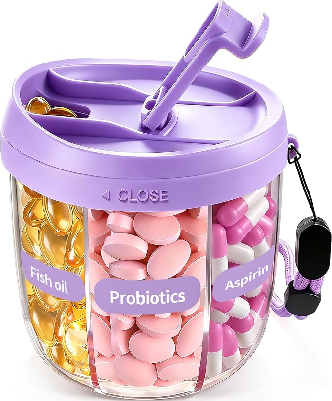 Pill Organizer,Travel Essentials Pill Container, Travel Pill Dispenser with Purple Lid，Pill Case Having 7 Large Compartments,Vitamin Organizer for Home Organization,Travel Containers
