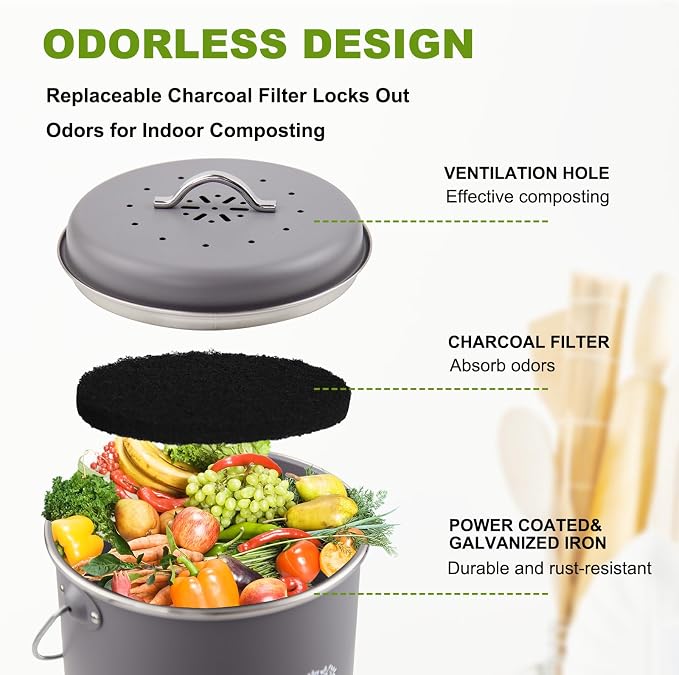 Kitchen Countertop Compost Bin, Odor Resistant Indoor Compost Bin with Lid and Charcoal Filter, Rust Resistant Coated Compost Bucket, Compost Container, Gray