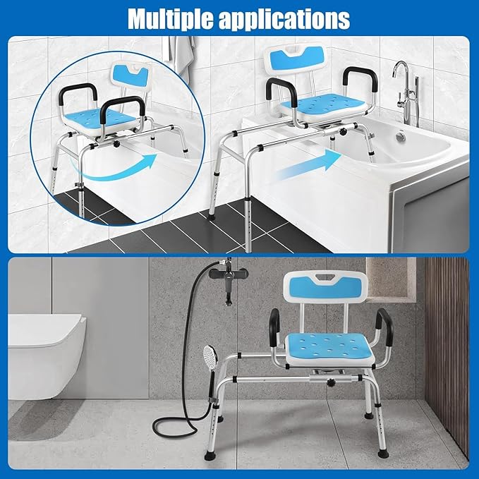 Sliding Shower Chair Tub Transfer Bench with Swivel Seat-Adjustable Height, Padded Armrests & Non-Slip Feet - Shower Chair for Inside Tub, Ideal for Seniors & Disabled