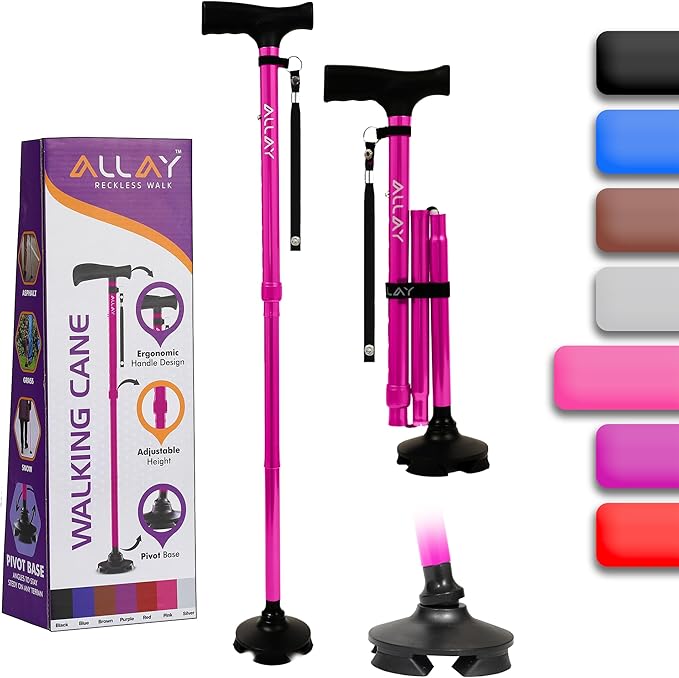 Allay Walking Cane for Men & Women - Foldable, Adjustable, Collapsible Walking Canes for Seniors Balance, Free Standing, Pivot Tip, Heavy Duty, with Travel Bag | Walking Sticks for Seniors & Adults