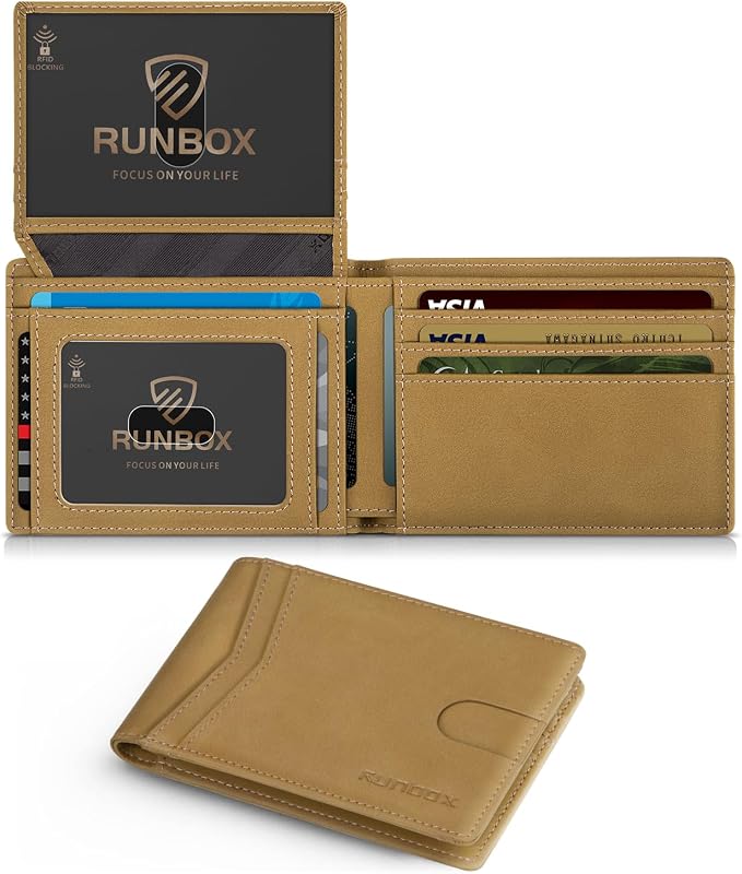 RUNBOX Wallet for Men -Slim Rfid Leather Mens Bifold Novelty Wallets 2 ID Window With Gift Box Men's Accessories | Minimalist Front Pocket Design, Holds 15 Cards, Large Capacity with Cash Pocket,Compact and Thin, Birthday Gifts for Men