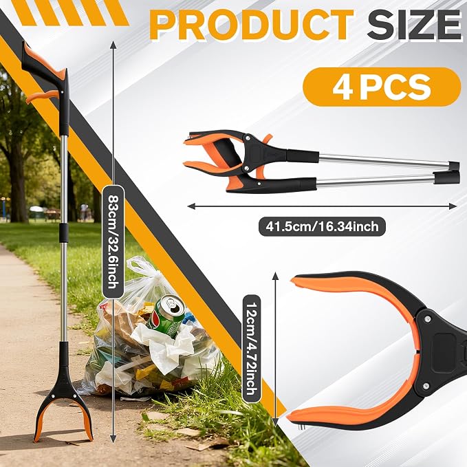 Grabber Reacher Tool - 32” Extra Long Foldable Gripper and Reaching Tool | 4 Pack Pick Up Sticks Heavy Duty Gripper Reacher Grabber Tool Trash Picker Upper Grabbers for Seniors