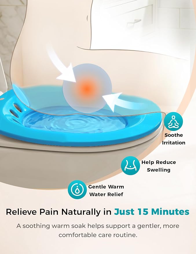 Pochik Sitz Bath for Toilet Seat Hemorrhoids and Postpartum Care, Yoni Steam Seat, Perineal Soaking, Collapsible, Flusher Hose, Drain Holes, Wider Seating Area - Navy